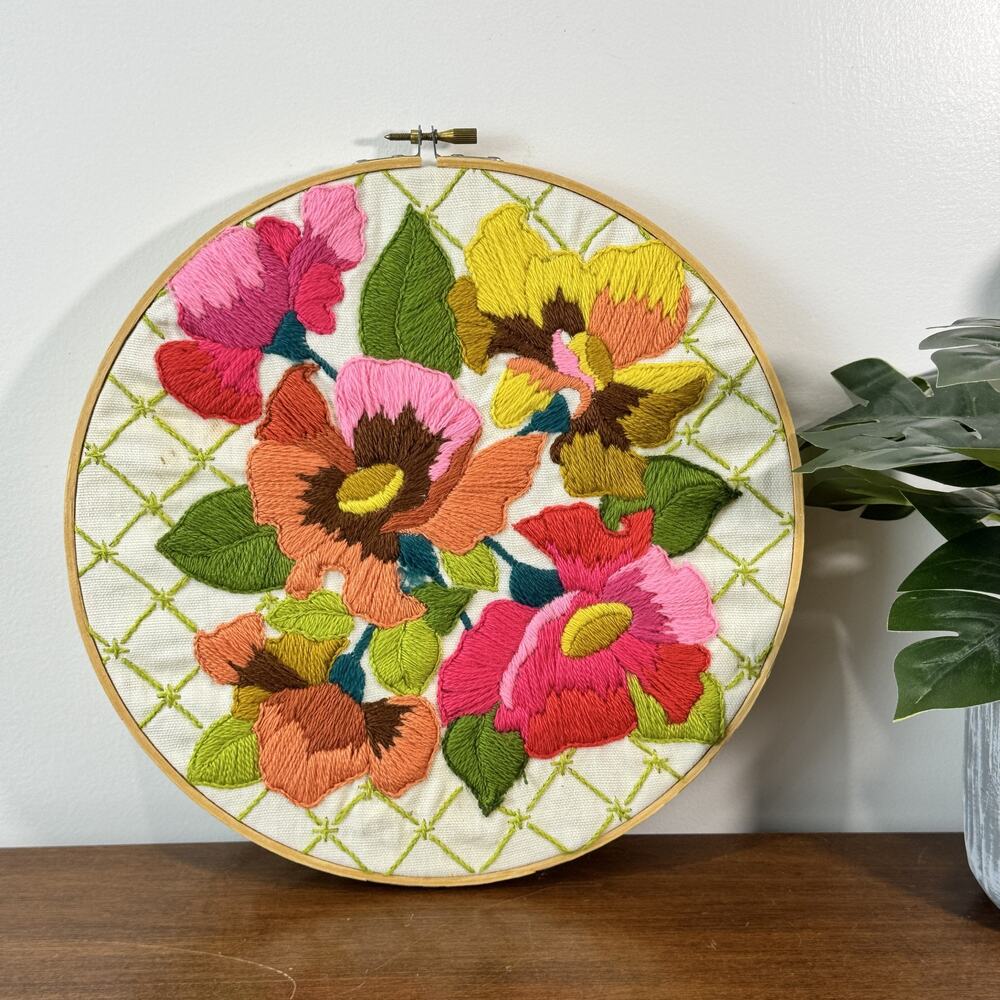 Vintage Hand Embroidered Floral Art Hoop Decor Colorful Flowers 10" Round
